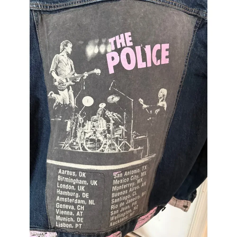 Old Navy Upcycled Denim Jacket W/The Police Graphic & Flannel Accents Size L